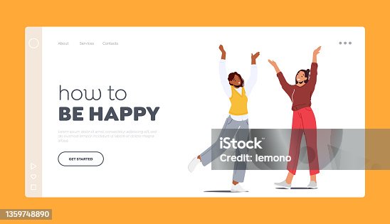 istock Happiness, Victory or Success. Landing Page Template. Happy Girls Jump with Raised Arms, Female Characters Laugh 1359748890