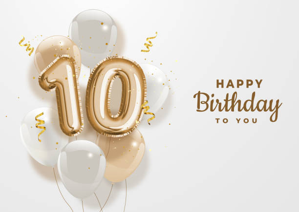 Happy 10th birthday gold foil balloon greeting background. Happy 10th birthday gold foil balloon greeting background. 10 years anniversary logo template- 10th celebrating with confetti. Vector stock. number 10 stock illustrations