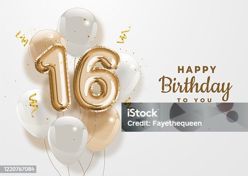 istock Happy 16th birthday gold foil balloon greeting background. 1220767084