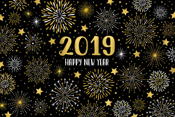Happy 2019 fireworks Easily editable vector illustration on layers. This image contains one clipping mask. black background illustrations stock illustrations
