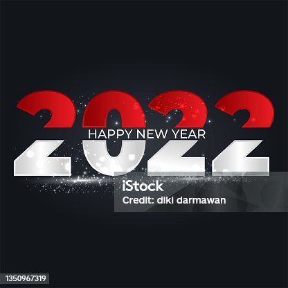 istock Happy 2022 new year red and white number with bright sparkles. Festive premium design template for greeting card, calendar, banner. glowing lights circle on black background. Vector illustration 1350967319