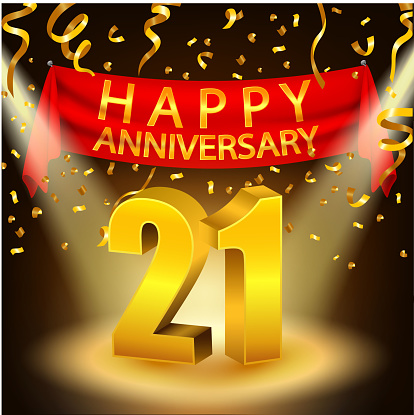 Happy 21st Anniversary Celebration With Golden Confetti And Spotlight Stock Illustration - Download Image Now - iStock