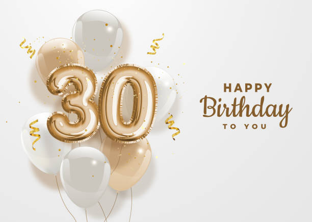 Happy 30th birthday gold foil balloon greeting background. Happy 30th birthday gold foil balloon greeting background. 30 anniversary logo template- 30th celebrating with confetti. Vector stock. hot air balloon stock illustrations
