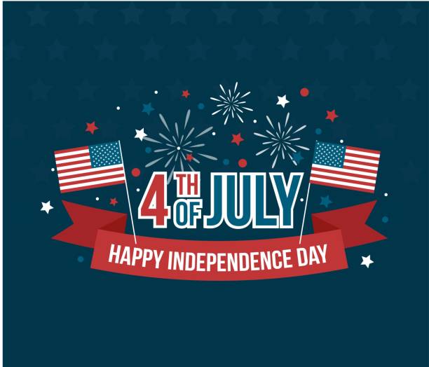 ilustraciones, imágenes clip art, dibujos animados e iconos de stock de feliz 4de el día de la independencia de julio tarjeta de felicitación con bandera americana - fourth of july fireworks
