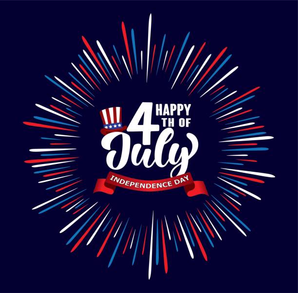 Happy 4th of July Independence day USA  handwritten phrase with stars, American flag, hat of uncle Sam and firework. Happy 4th of July Independence day USA  handwritten phrase with stars, American flag, hat of uncle Sam and firework. Vector lettering illustration. independence day stock illustrations