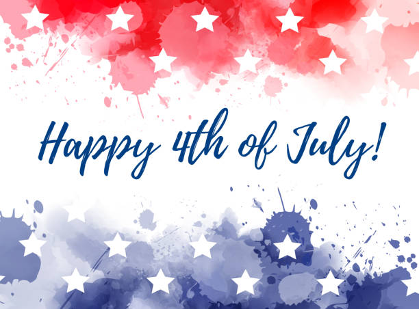 Happy 4th of July watercolor splashes background Happy 4th of July! Abstract background with watercolor splashes in flag colors for USA Independence day holiday. Blue and red colored with stars. Template for holiday background, invitation, flyer, etc. july stock illustrations