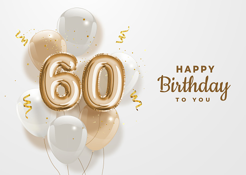 Happy 60th birthday gold foil balloon greeting background.
