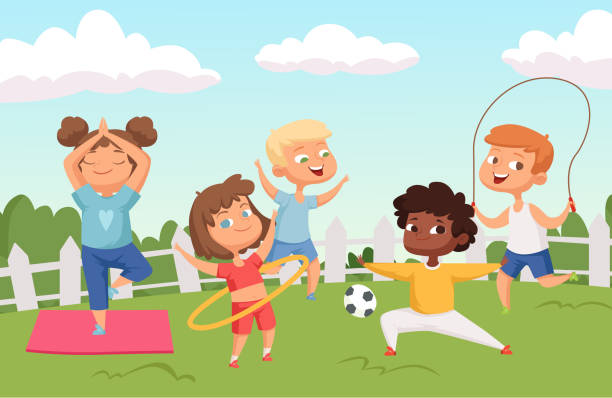 ilustrações de stock, clip art, desenhos animados e ícones de happy active kids characters. summer outdoor activity - childhood vector background - yoga crianças