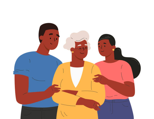 Happy adult children hugging old mother Happy adult children hugging old mother feeling love to each other. Portrait of young people hugging their grandma. Friendly family relationship. Cartoon vector flat illustration on white background. african american mothers day stock illustrations