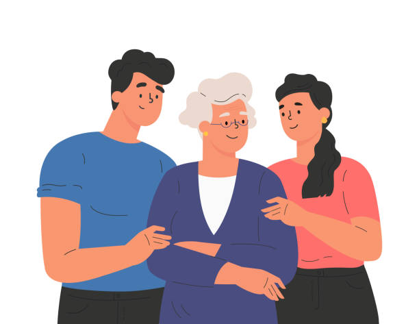ilustrações de stock, clip art, desenhos animados e ícones de happy adult children hugging old mother - grandparents hug