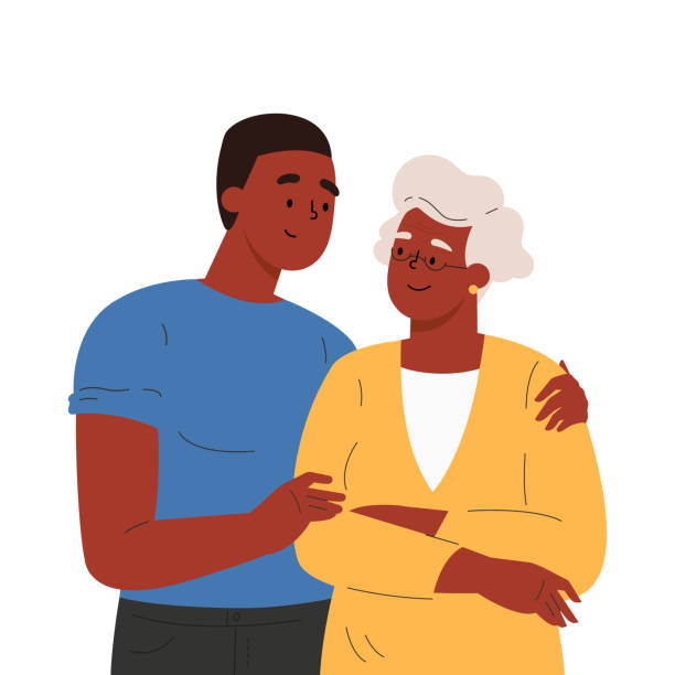 Happy adult son hugging old mother Happy adult son hugging old mother feeling love to each other. Portrait of young guy with grandma. Friendly family relationship. Cartoon vector flat illustration on white background. african american mothers day stock illustrations