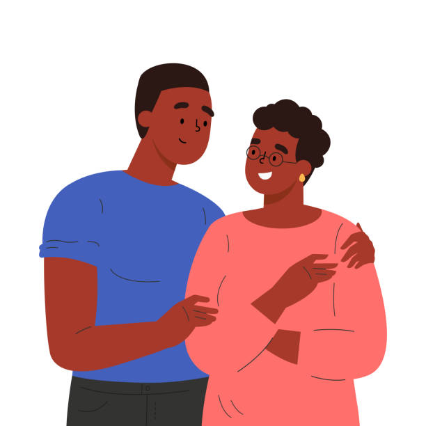 Happy adult son hugging old mother  african american mothers day stock illustrations
