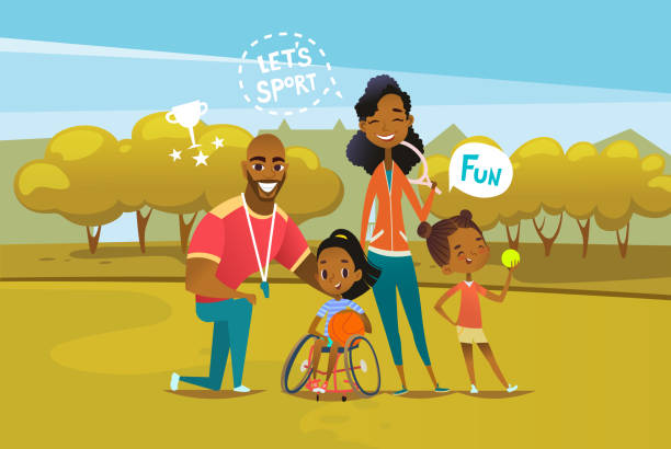 ilustrações de stock, clip art, desenhos animados e ícones de happy african american family with disabled girl sitting in wheelchair and holding basketball ball. concept of parents involvement in physical activities of kids with disability. vector illustration. - black mother