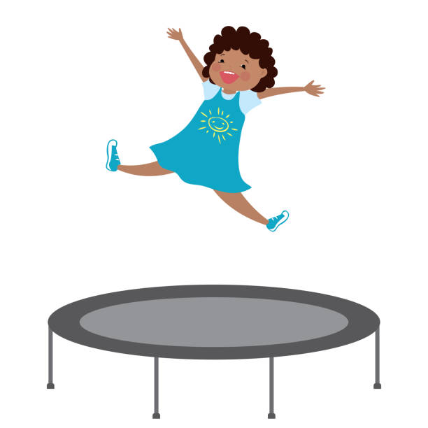 illustrazioni stock, clip art, cartoni animati e icone di tendenza di felice ragazza afroamericana saltare su un trampolino - tappeto elastico