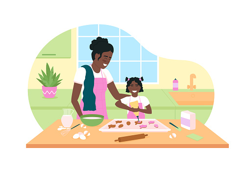 Happy african american mother and daughter bake cookies 2D vector web banner, poster