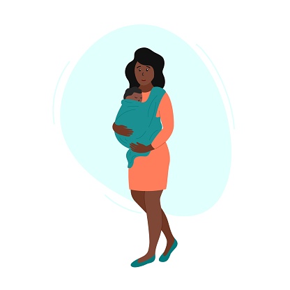 Happy african american woman with baby carrier. Mother holding newborn in sling. Child is wrapped in babycarrier and sleeping. Vector flat illustration