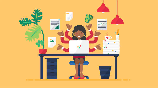 Happy african female seo manager busy at work Happy african female seo manager busy at work. Successful mix race business woman working on computer and with finance documents multitasking flat vector illustration entrepreneur backgrounds stock illustrations