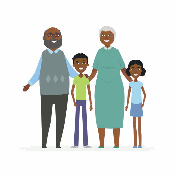 Happy African grandparents - cartoon people characters isolated illustration Happy African grandparents - cartoon people characters isolated illustration on white background. Smiling grandmother and grandfather hugging their grandchildren latin family stock illustrations