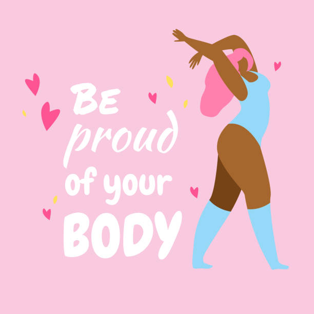 Happy African Woman Dancing. Be Proud of Your Body Young African Plus Size Woman Happy Dancing Near Words Be Proud of Your Body on Pink Background. Body Acception, Positive Movement, Beauty Diversity. Active Lifestyle. Cartoon Flat Vector Illustration cartoon of fat lady in swimsuit stock illustrations