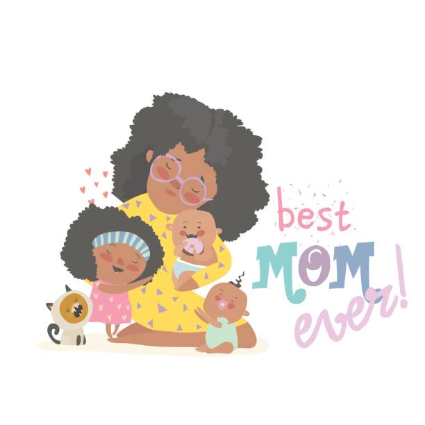 Happy african-american woman sitting with her children. Mothers Day  african american mothers day stock illustrations