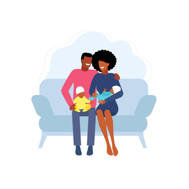 ilustrações de stock, clip art, desenhos animados e ícones de happy afro american family with a childs on the couch. - black mother