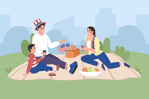 Happy american family celebrate Independence day flat color vector illustration