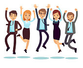 Happy and smiling workers, business people jumping flat vector characters. Happy worker character, team office people illustration