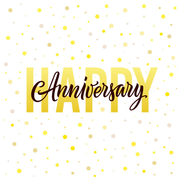 Happy Anniversary card. Hand drawn lettering and confetti isolated on white background. Gold, white and black design template for a wedding anniversary or birthday greeting. Vector illustration. Happy Anniversary card. Hand drawn lettering and confetti isolated on white background. Gold, white and black design template for a wedding anniversary or birthday greeting. Vector illustration. wedding anniversary stock illustrations