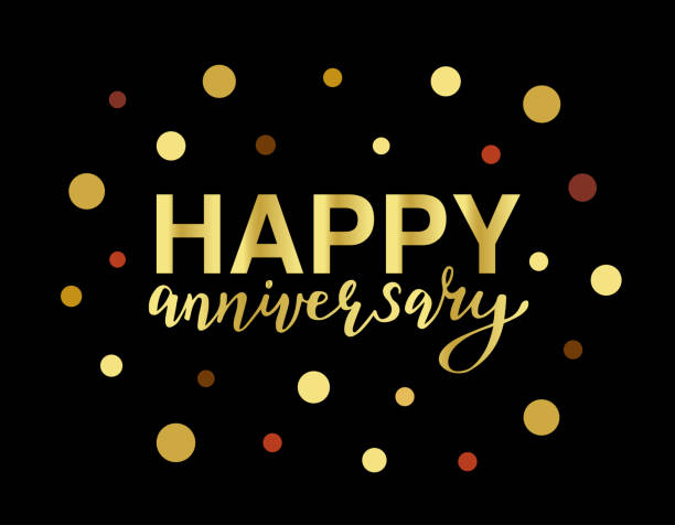 Happy Anniversary design with golden lettering and confetti around Happy Anniversary design with golden lettering text and colorful confetti around on the black background. Vector illustration for greeting card, banner, poster, invitation. wedding anniversary stock illustrations