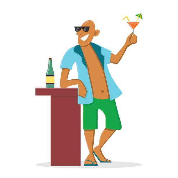 ilustrações de stock, clip art, desenhos animados e ícones de happy bald man drinking an alcohol beverage at the beach - bald beach
