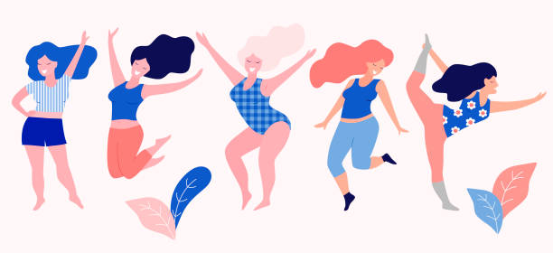 Happy beautiful active plus size girls. Body positive concept. Vector flat illustration. positive body image stock illustrations