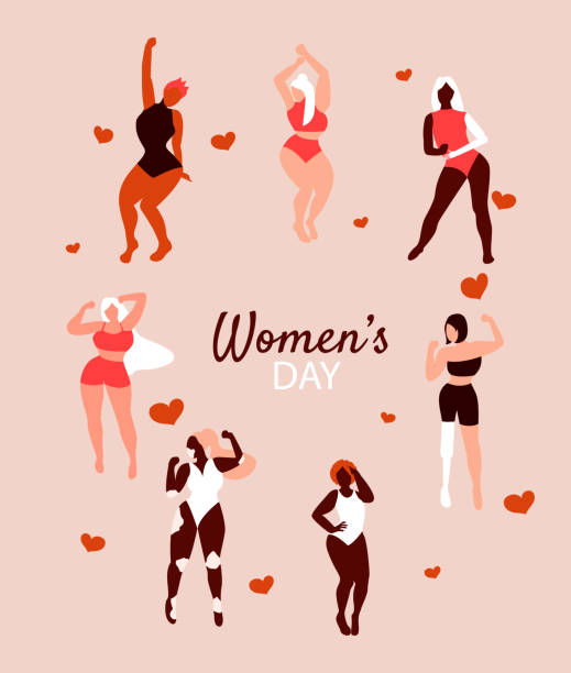 Happy beautiful girls dancing. International womens day. 8 march. Different skin color and body size women characters dressed in lingerie. Flat vector illustration for postcard, banner, poster. Eps 10 Happy beautiful girls dancing. International womens day. 8 march. Different skin color and body size women characters dressed in lingerie. Flat vector illustration for postcard, banner, poster. cartoon of fat lady in swimsuit stock illustrations