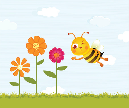 Happy Bee and Flowers