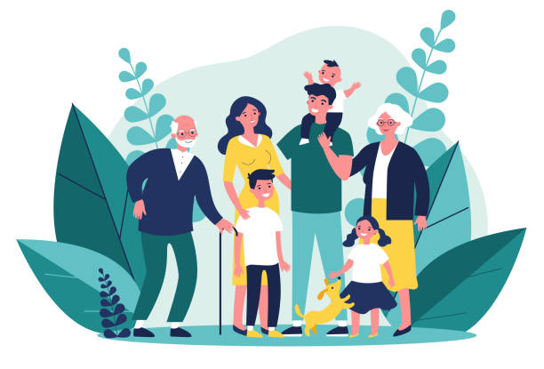 ilustrações, clipart, desenhos animados e ícones de feliz grande família de pé juntos ilustração vetorial plana - avós