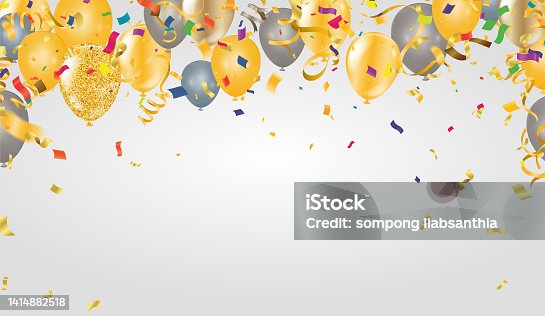 istock Happy Birthday Abstract Background with Shining Colorful Balloons. Party, Presentation, Sale, Anniversary and Club Design with Bokeh Elements, Happy Banner. Vector illustration 1414882518