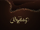 Happy Birthday gift card background with golden sparks and lettering vector bright illustration. Design template for print poster, sticker, web banner or desktop wallpaper