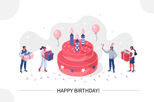 happy birthday banner Business People Characters standing near Birthday Cake and Celebrating. Woman and Man holding Gift and Balloons. Friends Enjoying the Party. Happy Birthday Concept. Flat Isometric Vector Illustration. cake illustrations stock illustrations