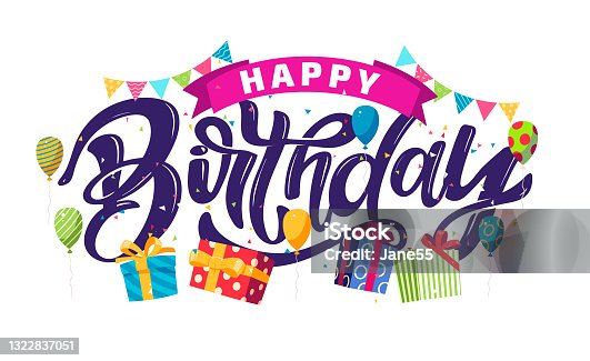 istock Happy Birthday. Beautiful greeting card poster with calligraphy black text Word star fireworks. Hand drawn, design elements. Handwritten modern brush lettering on a white background isolated vector. 1322837051