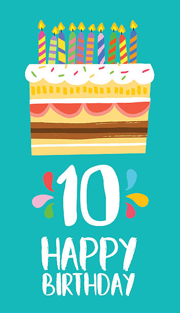 Happy Birthday cake card for 10 ten year party Happy birthday number 10, greeting card for ten years in fun art style with cake and candles. Anniversary invitation, congratulations or celebration design. EPS10 vector. 10 11 years stock illustrations