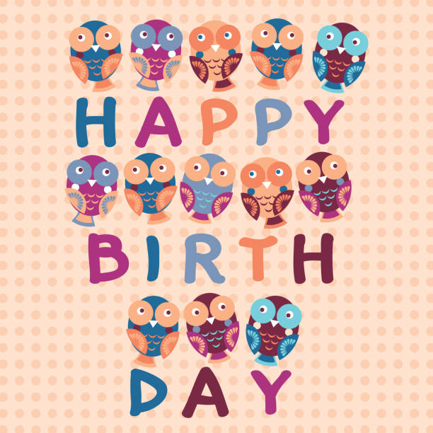 Royalty Free Cute Owl With Colorful Patterned Letters Birthday Card