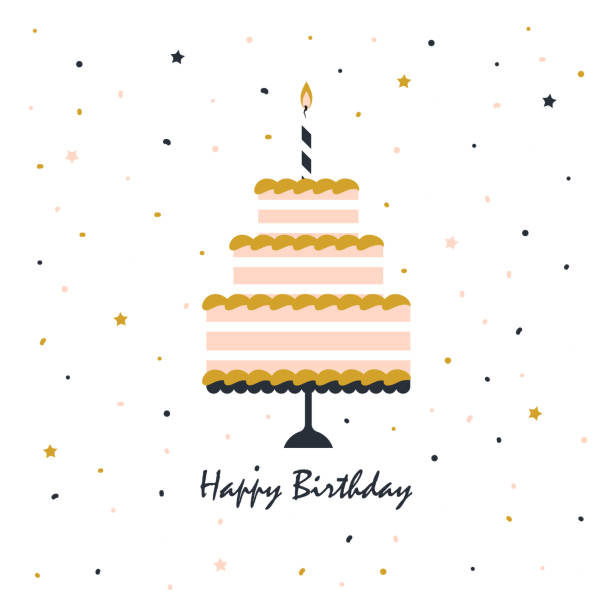 happy birthday card with cake card with birthday cake and candle, confetti on white background, cute festive print with greeting birthday illustrations stock illustrations