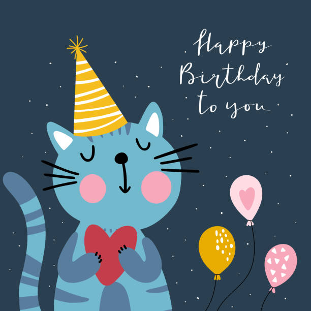 Happy birthday card with cute cat Happy birthday card with cute cat in party hat illustration and handwritten greeting phrase.  Vector illustration. happy birthday cat stock illustrations