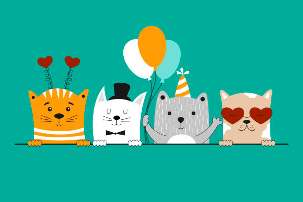 Happy birthday card with cute cats. Happy birthday card with cute cats. Birthday party invitation card. Vector illustration for banner, poster, postcard. happy birthday cat stock illustrations