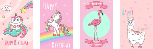 happy birthday card with cute unicorn, marmaid cat, flamingo, lama  icon , colorful design fashion kawaii artworks. vector print for   flayer, badges, poster, postcard, patches, scrapbooking element  happy birthday cat stock illustrations