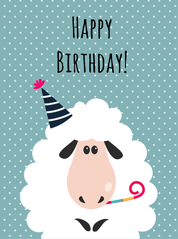 Happy Birthday Card with Fluffy Farm Sheep in Hat with Whistle as Holiday Greeting and Congratulation Vector Illustration