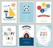 Birthday boy invitation cards set. Colorful balloons, cute rabbit pirate, cartoon shark and decorative skull.