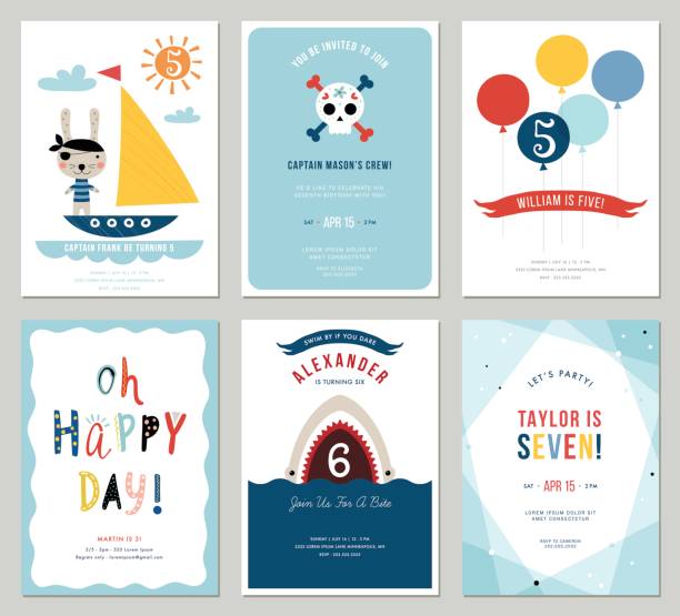 Happy Birthday Cards_01 Birthday boy invitation cards set. Colorful balloons, cute rabbit pirate, cartoon shark and decorative skull. child borders stock illustrations
