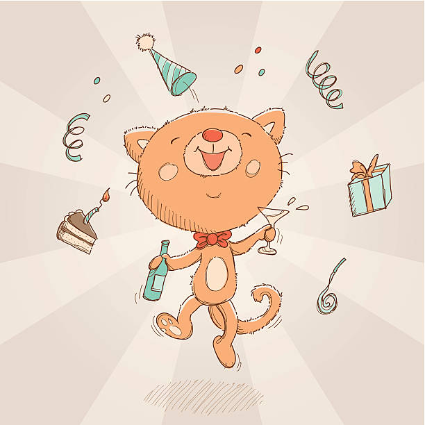 Happy Birthday cat card Happy cat celebrating his birthday. happy birthday wine bottle stock illustrations