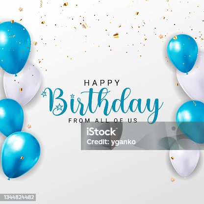 istock Happy Birthday congratulations banner design with Confetti, Balloons and Glossy Glitter Ribbon for Party Holiday Background. Vector Illustration 1344824482