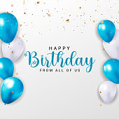 istock Happy Birthday congratulations banner design with Confetti, Balloons and Glossy Glitter Ribbon for Party Holiday Background. Vector Illustration 1344824482